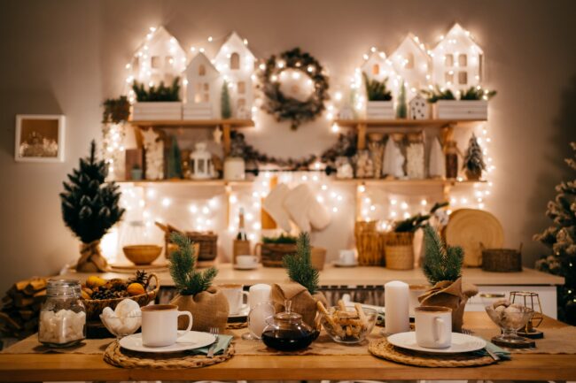 Christmas decor. electric garlands on decorated in kitchen for new year.