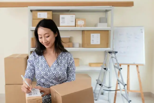 Small business owner organizing inventory using self storage to save office space and reduce costs